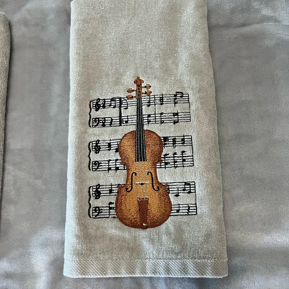 Violin theme embroidered pair of hand hand towels Handcrafted.